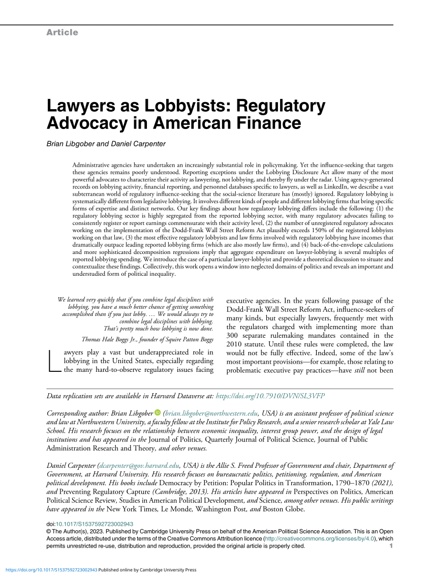 PDF) Lawyers as Lobbyists: Regulatory Advocacy in American Finance