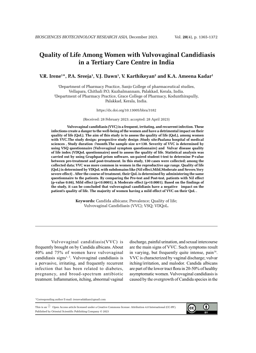 Pdf Quality Of Life Among Women With Vulvovaginal Candidiasis In A Tertiary Care Centre In India 
