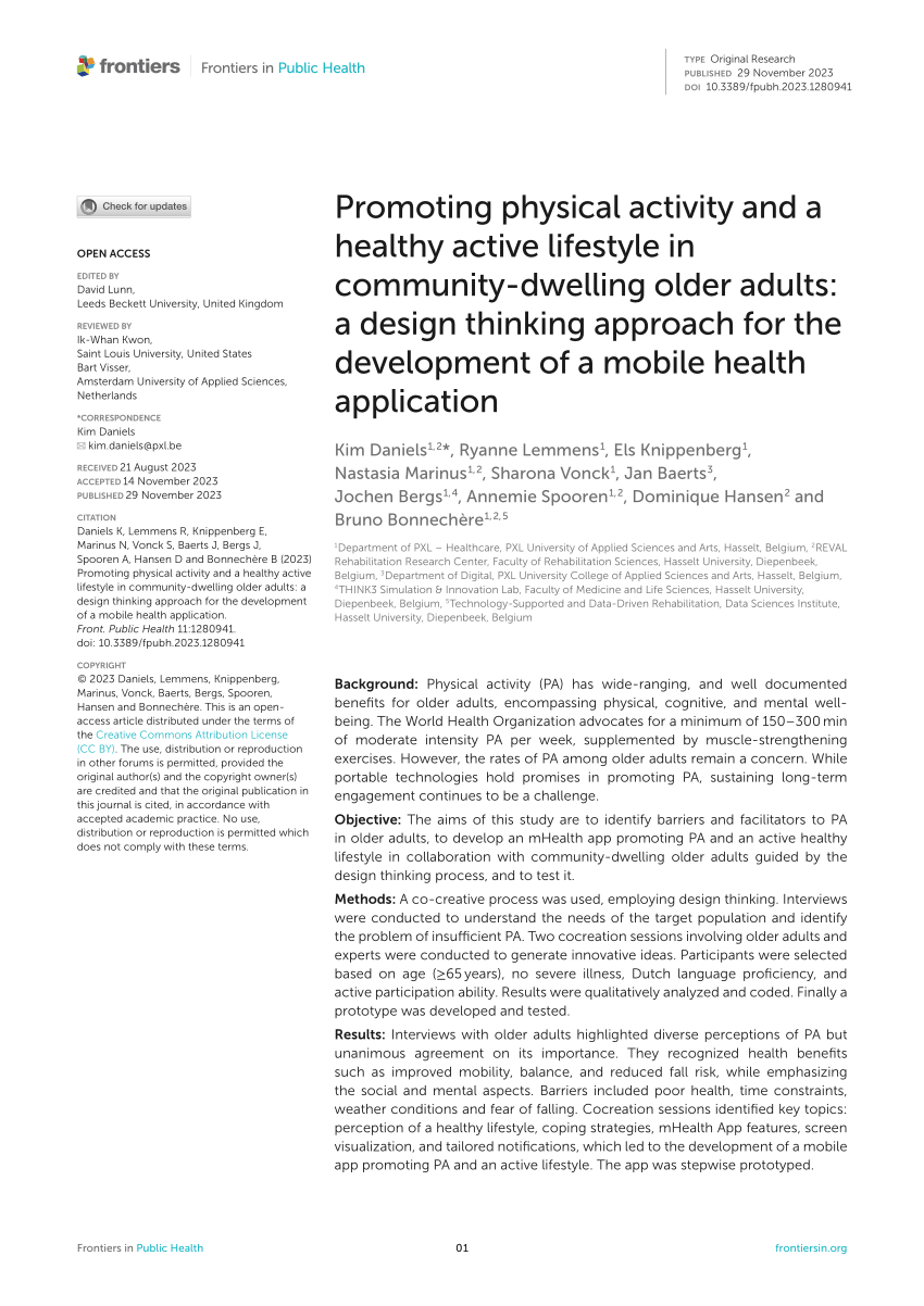 PDF) Promoting physical activity and a healthy active lifestyle in  community-dwelling older adults: a design thinking approach for the  development of a mobile health application
