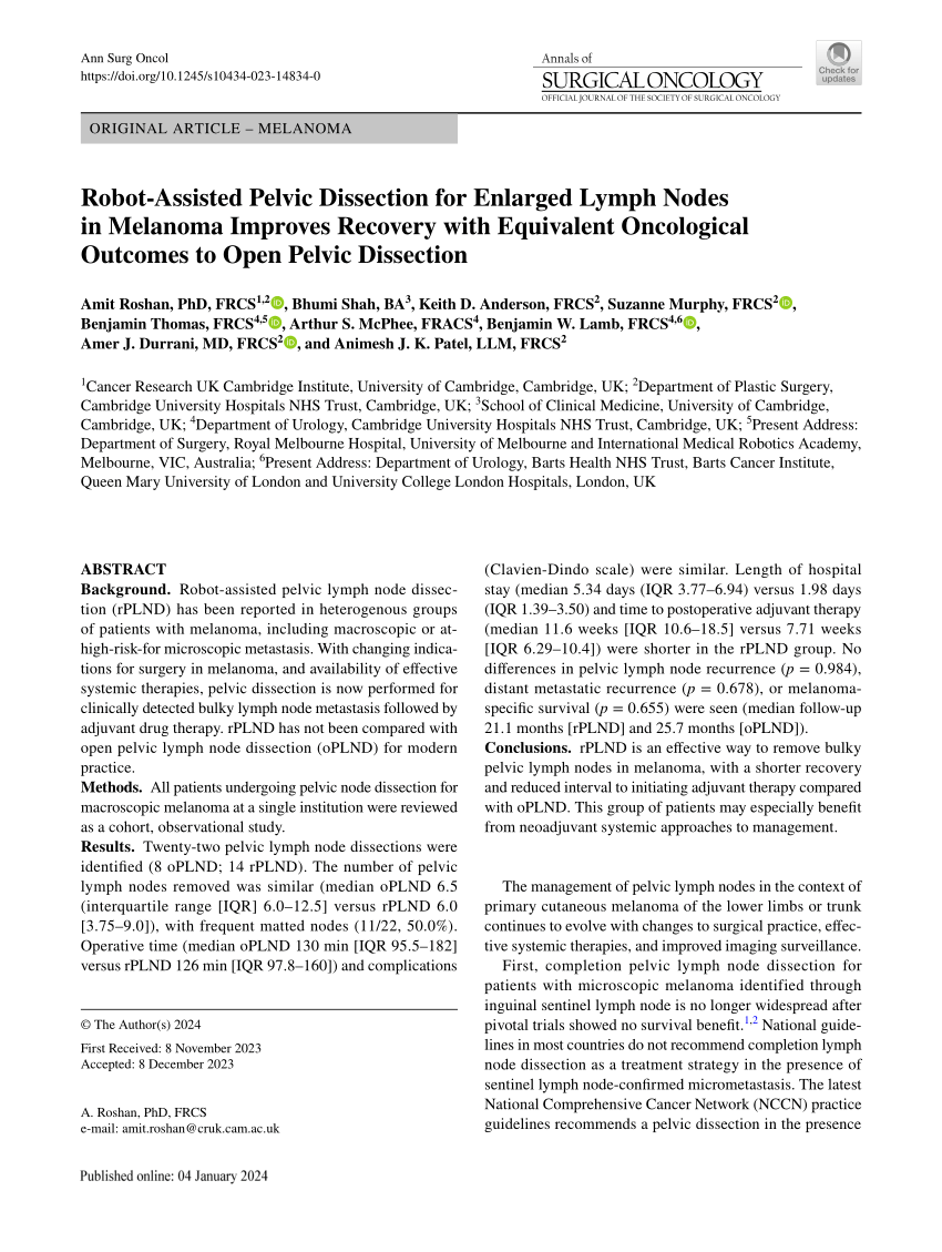 Pdf Robot Assisted Pelvic Dissection For Enlarged Lymph Nodes In Melanoma Improves Recovery 7141