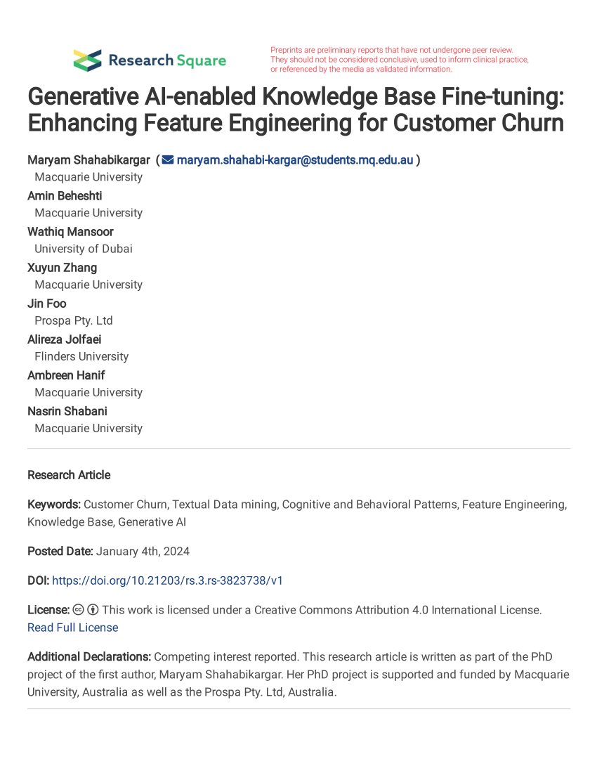 PDF) Generative AI-enabled Knowledge Base Fine-tuning: Enhancing Feature  Engineering for Customer Churn