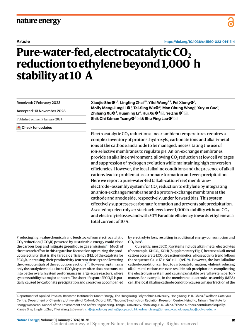 PDF) Pure-water-fed, electrocatalytic CO2 reduction to ethylene 
