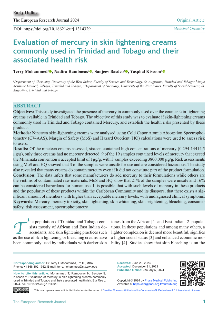 PDF Evaluation of mercury in skin lightening creams commonly used