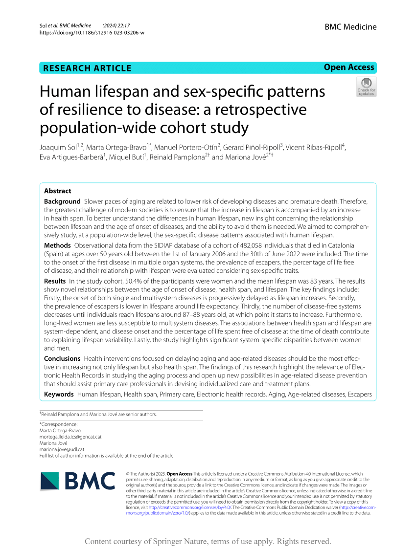 Pdf Human Lifespan And Sex Specific Patterns Of Resilience To Disease A Retrospective 