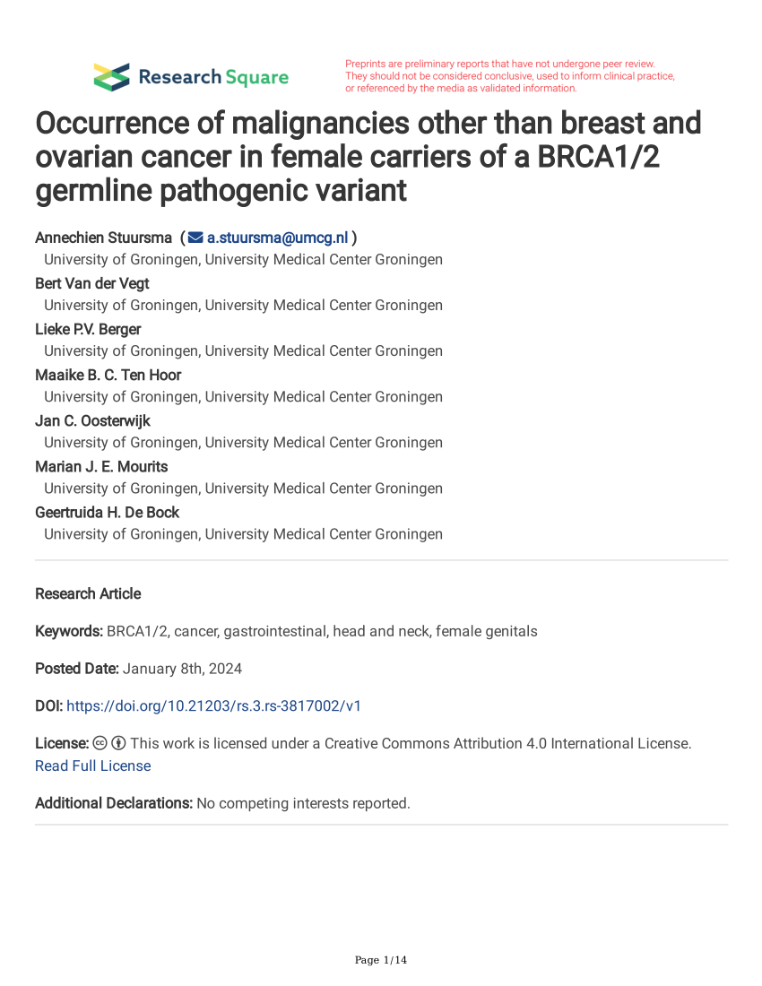 Pdf Occurrence Of Malignancies Other Than Breast And Ovarian Cancer In Female Carriers Of A