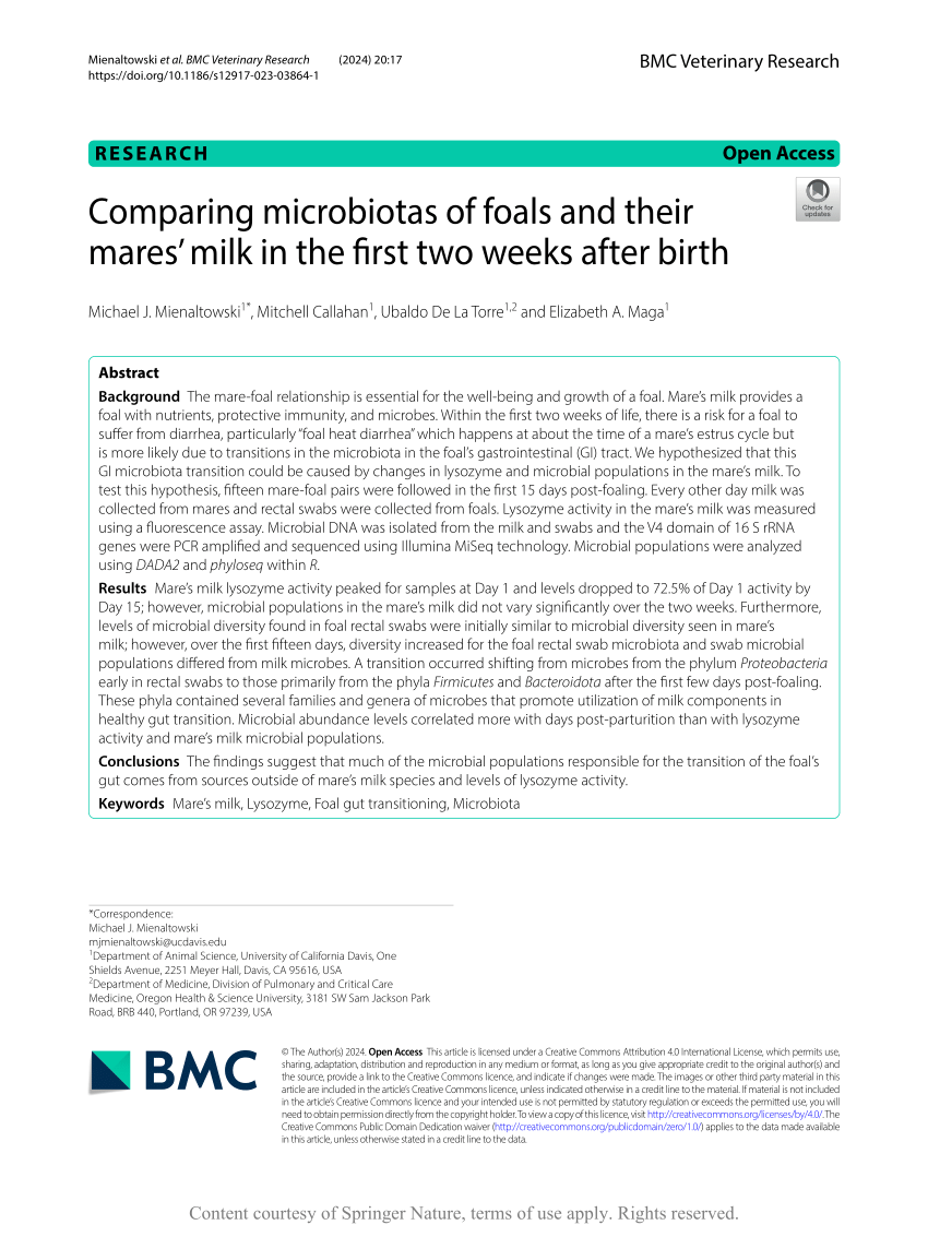 (PDF) Comparing microbiotas of foals and their mares’ milk in the first ...