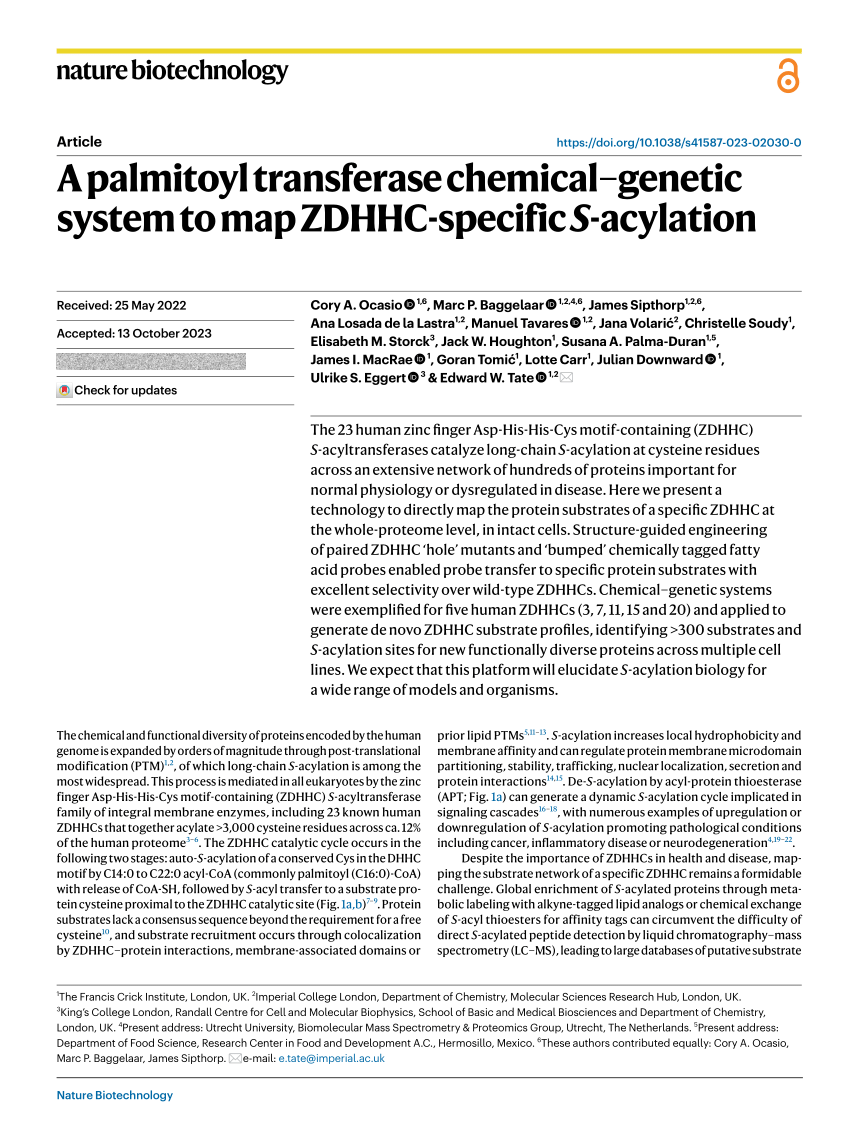 PDF) A palmitoyl transferase chemical–genetic system to map ZDHHC-specific  S-acylation