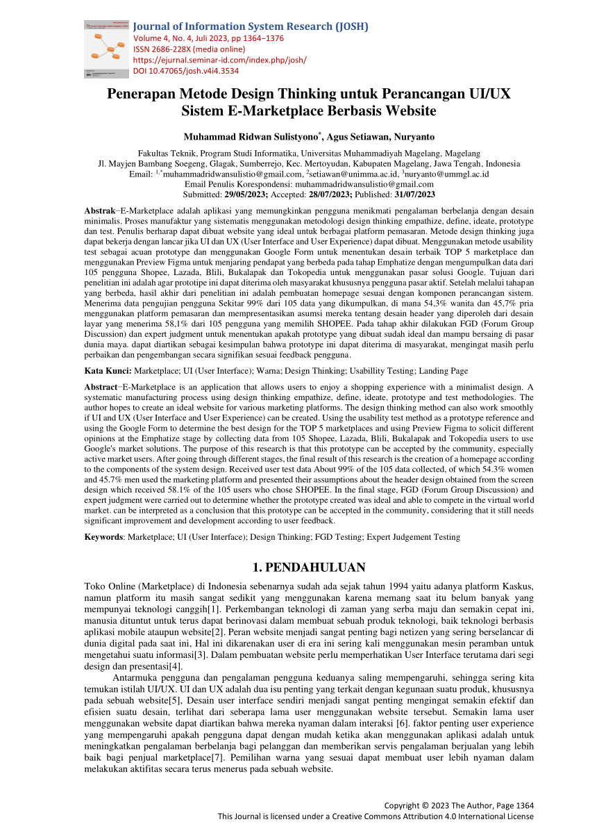 Pdf Penerapan Metode Design Thinking Untuk Perancangan Uiux Sistem E Marketplace Berbasis Website 5446