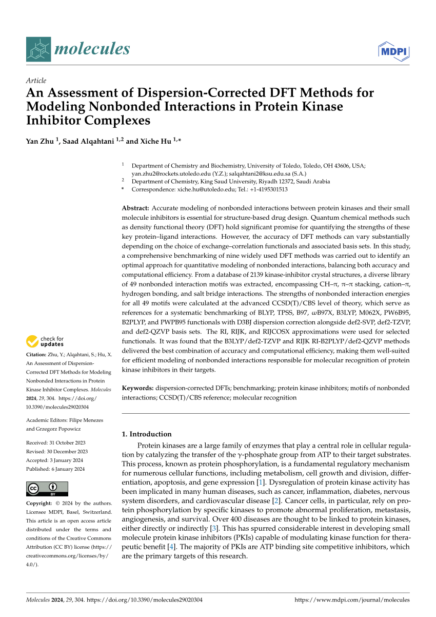 PDF) An Assessment of Dispersion-Corrected DFT Methods for Modeling  Nonbonded Interactions in Protein Kinase Inhibitor Complexes