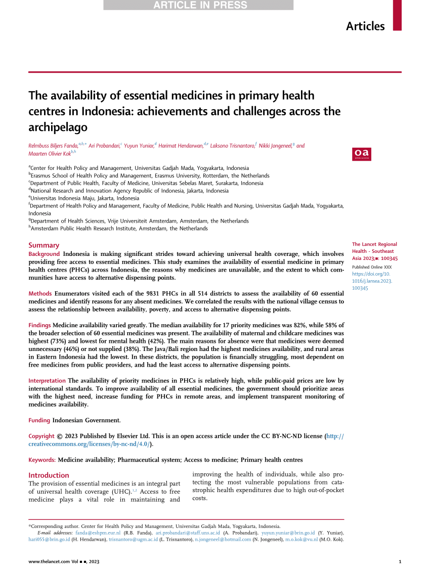 PDF) The availability of essential medicines in primary health centres in  Indonesia: achievements and challenges across the archipelago