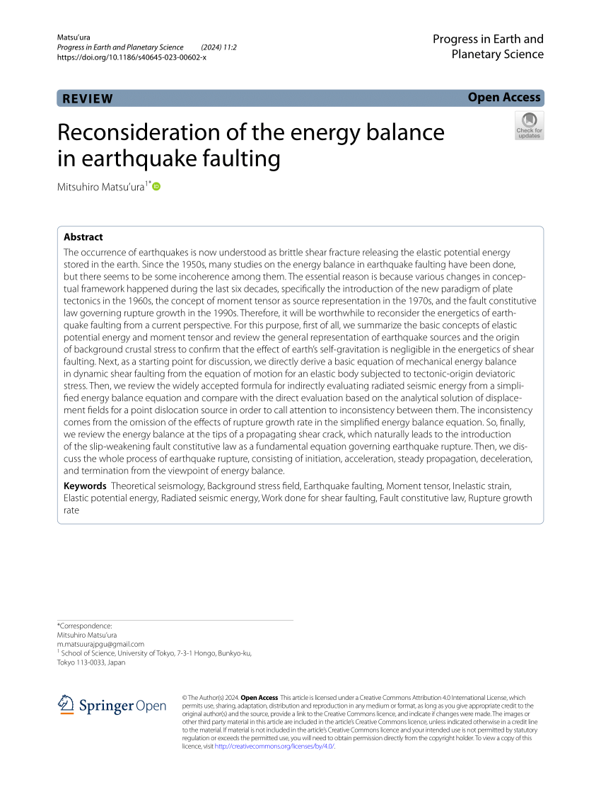 Reconsideration of the energy balance in earthquake faulting, Progress in  Earth and Planetary Science