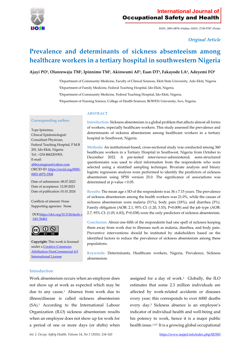 PDF Prevalence and Determinants of Sickness Absenteeism among  