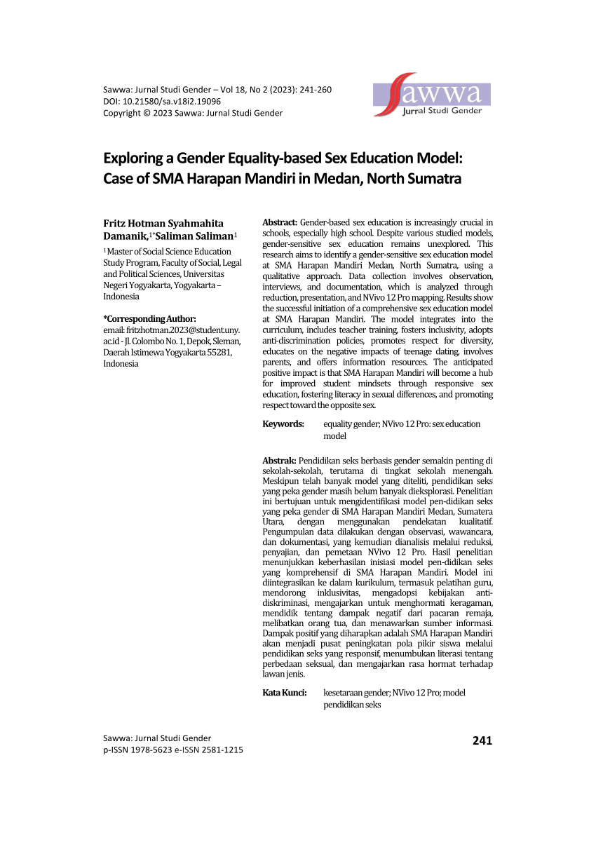 PDF) Exploring a Gender Equality-based Sex Education Model: Case of SMA  Harapan Mandiri in Medan, North Sumatra