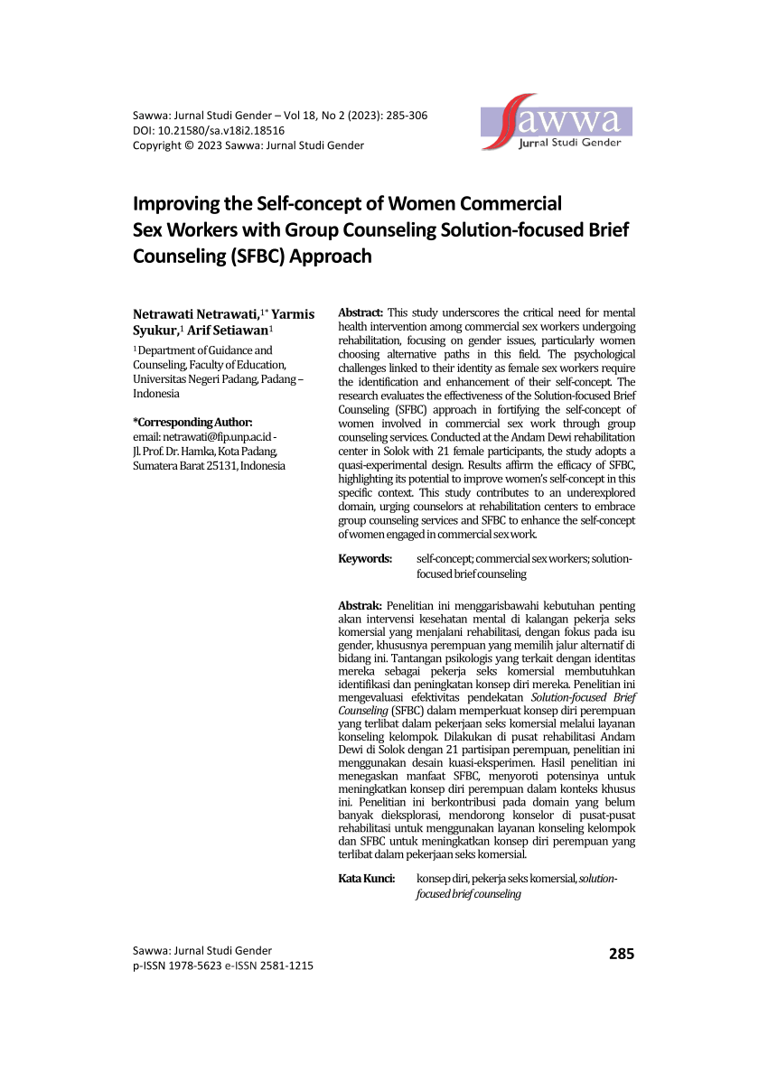 PDF) Improving the Self-concept of Women Commercial Sex Workers with Group  Counseling Solution-focused Brief Counseling (SFBC) Approach