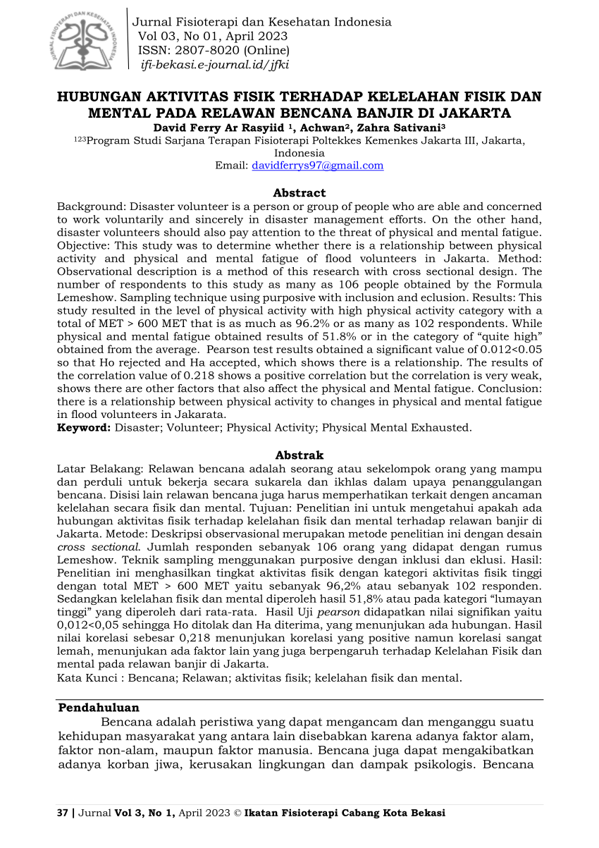 Pdf Hubungan Aktivitas Fisik Terhadap Kelelahan Fisik Dan Mental Pada