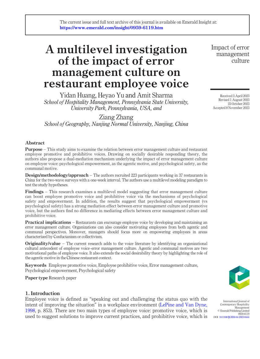 PDF) A multilevel investigation of the impact of error management 