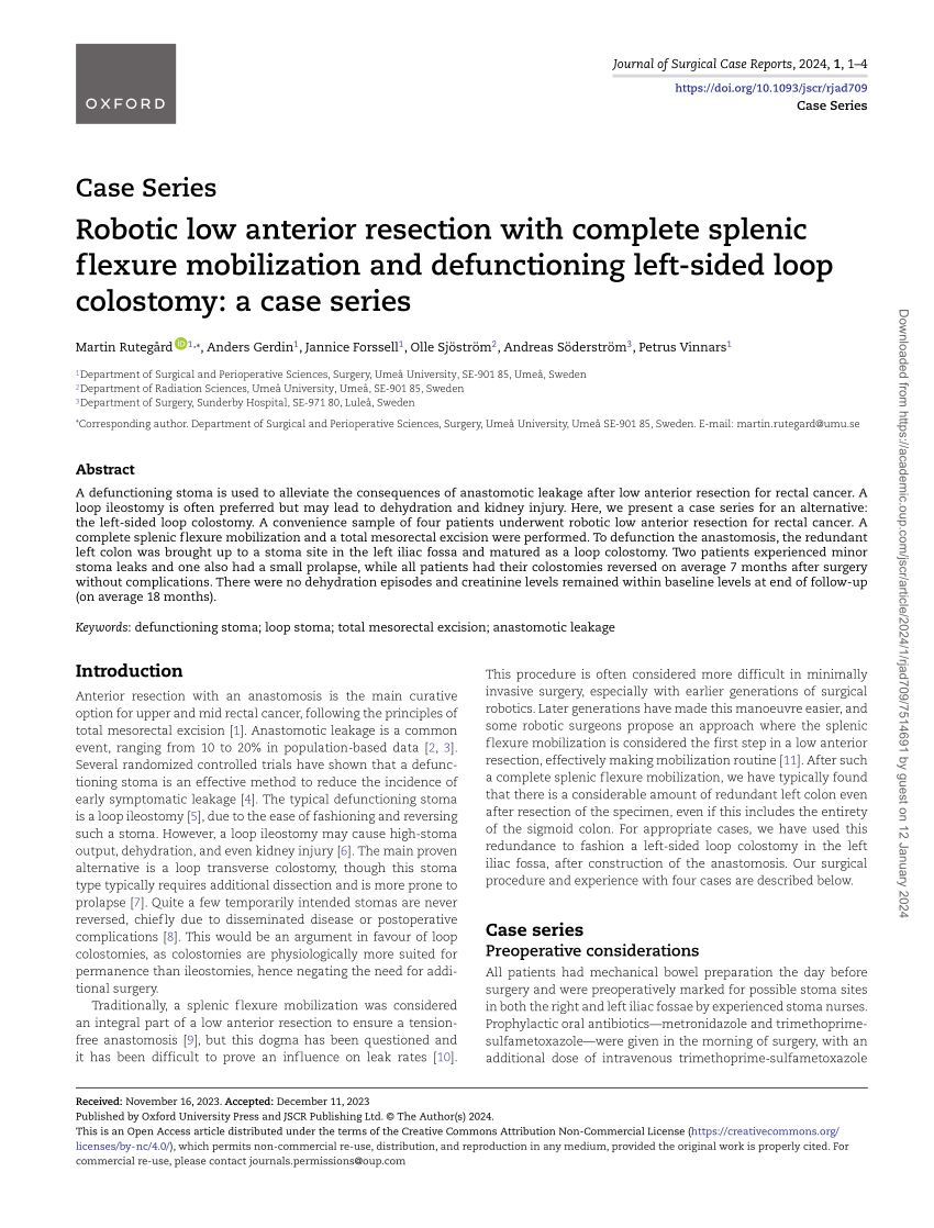 Pdf Robotic Low Anterior Resection With Complete Splenic Flexure Mobilization And 2447