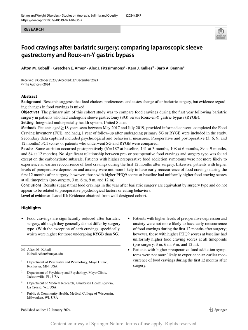 Pdf Food Cravings After Bariatric Surgery Comparing Laparoscopic Sleeve Gastrectomy And Roux 