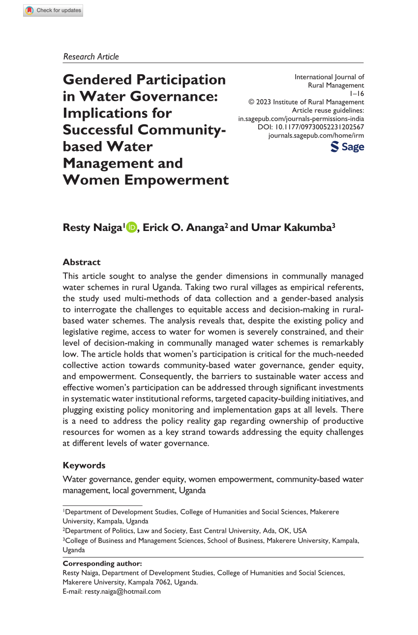 Pdf Gendered Participation In Water Governance Implications For Successful Community Based 5283