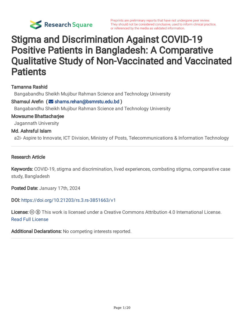PDF) Stigma and Discrimination Against COVID-19 Positive Patients in  Bangladesh: A Comparative Qualitative Study of Non-Vaccinated and  Vaccinated Patients