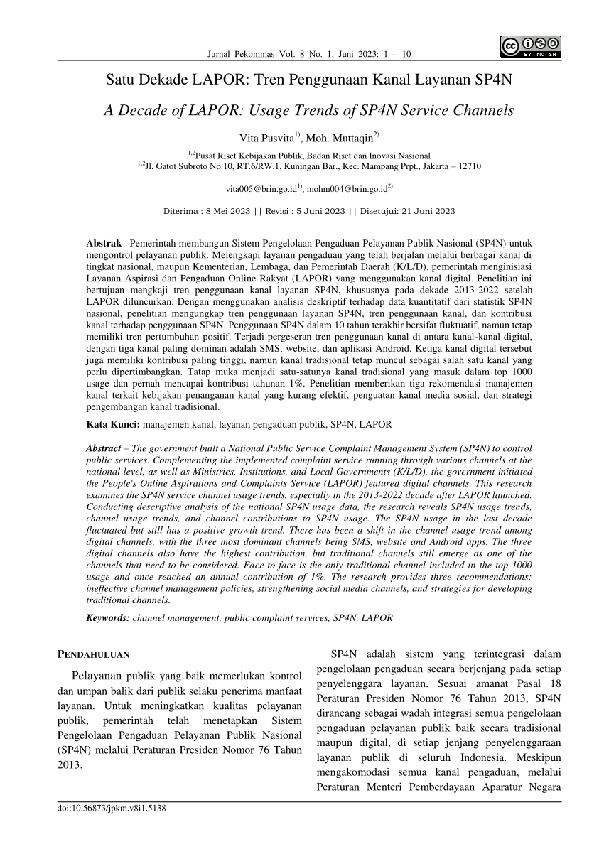 Pdf Satu Dekade Lapor Tren Penggunaan Kanal Layanan Sp4n