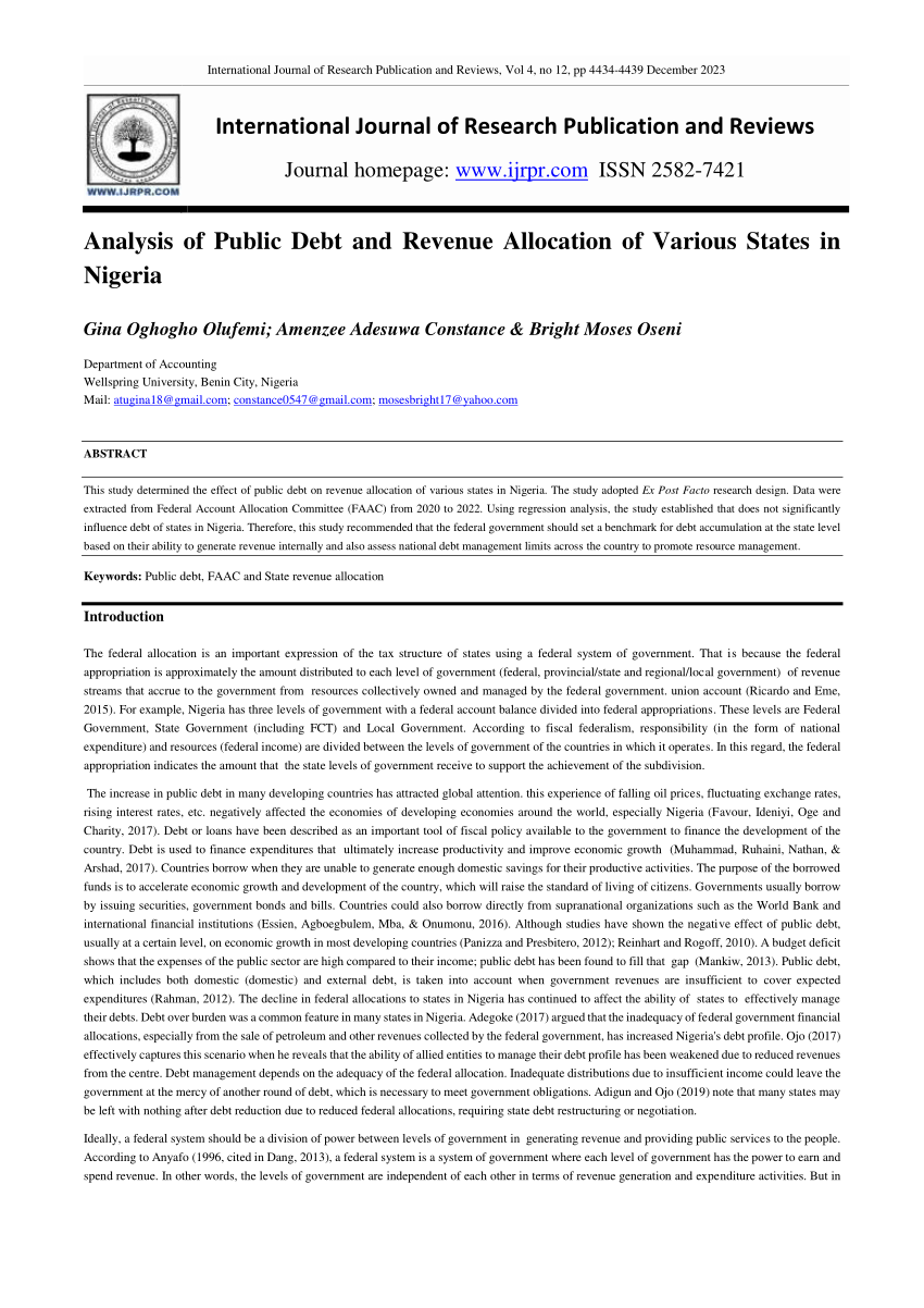 (PDF) Analysis of Public Debt and Revenue Allocation of Various States