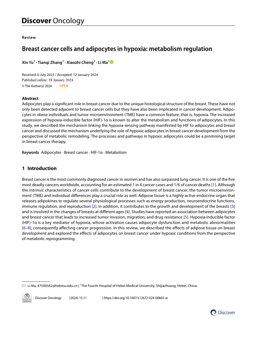 Breast cancer cells and adipocytes in hypoxia: metabolism regulation