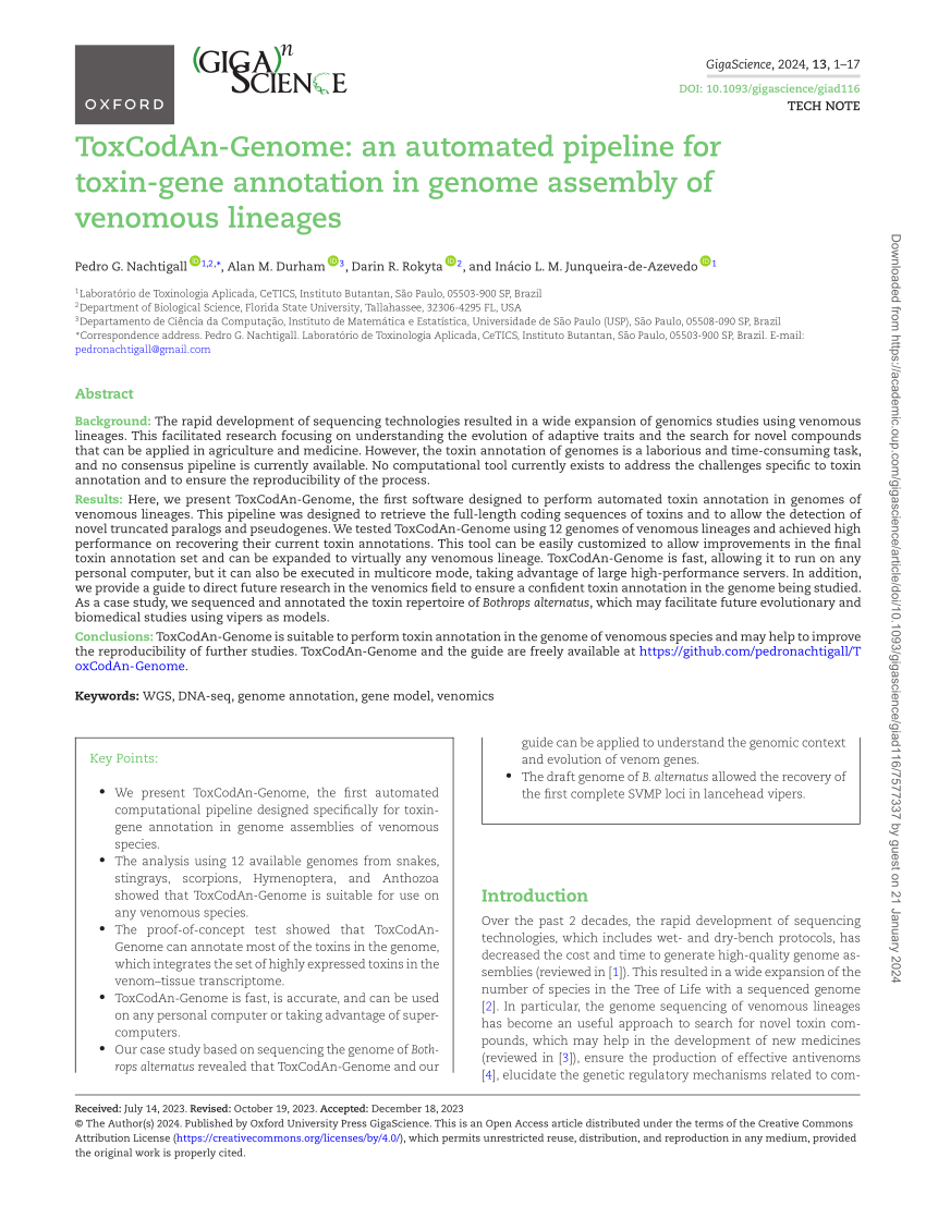 (PDF) ToxCodAn-Genome: an automated pipeline for toxin-gene annotation