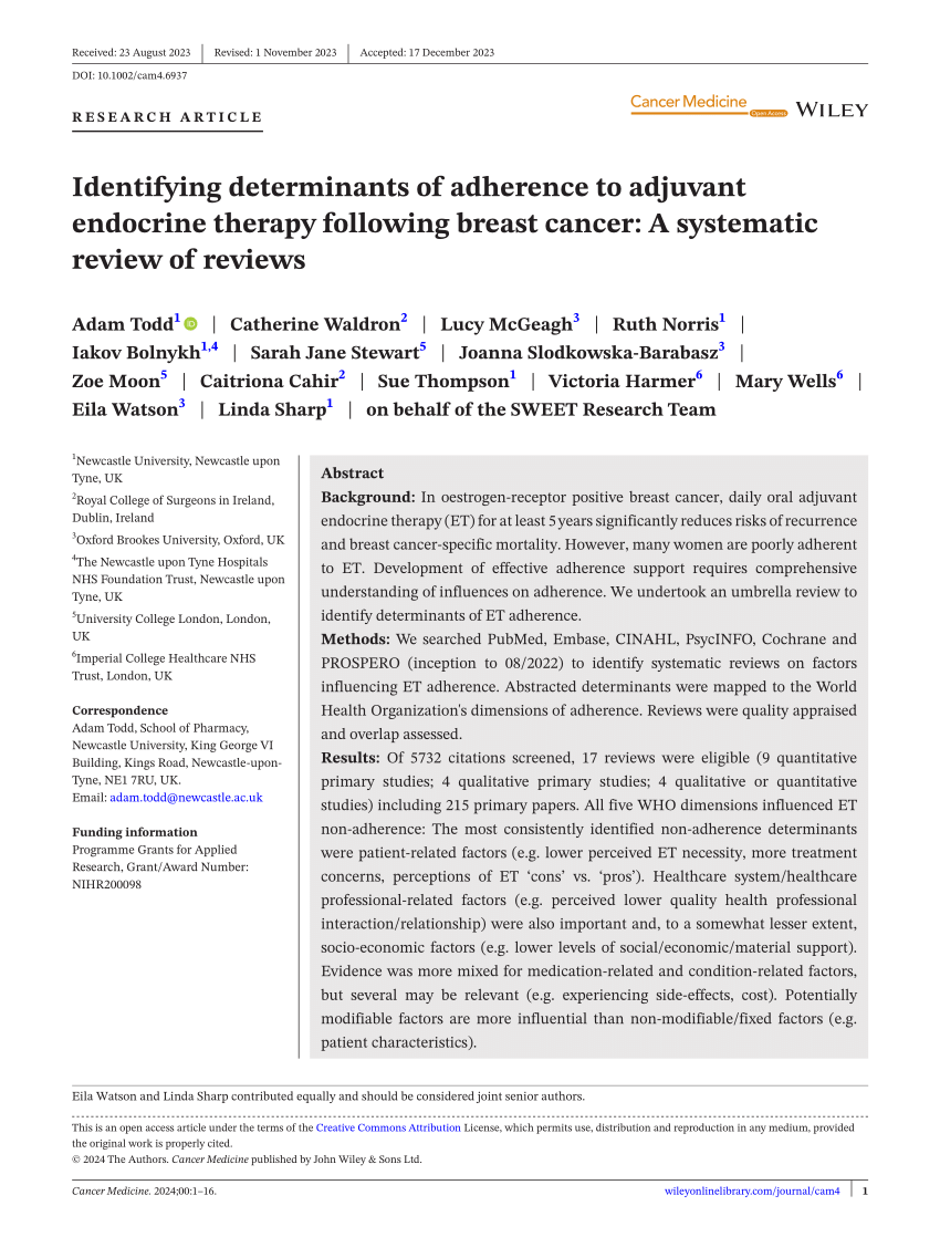 PDF) Identifying determinants of adherence to adjuvant endocrine therapy  following breast cancer: A systematic review of reviews