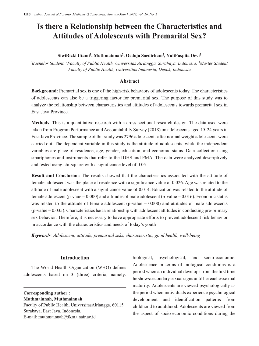 PDF) Is there a Relationship between the Characteristics and Attitudes of  Adolescents with Premarital Sex?