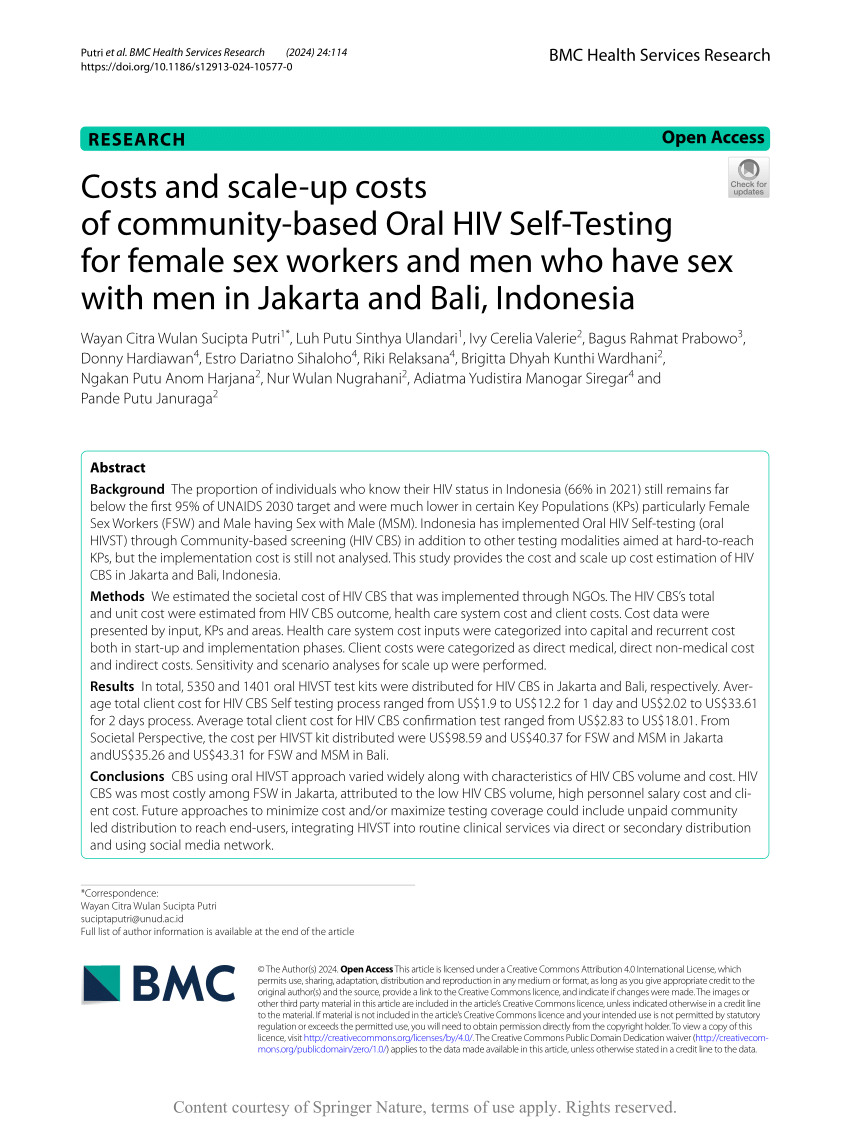 PDF) Costs and scale-up costs of community-based Oral HIV Self-Testing for  female sex workers and men who have sex with men in Jakarta and Bali,  Indonesia