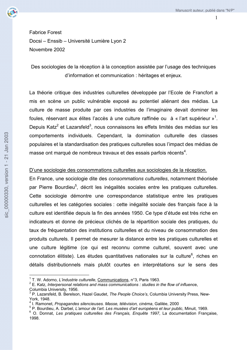 (PDF) Des sociologies de la réception à la conception assistée par l ...
