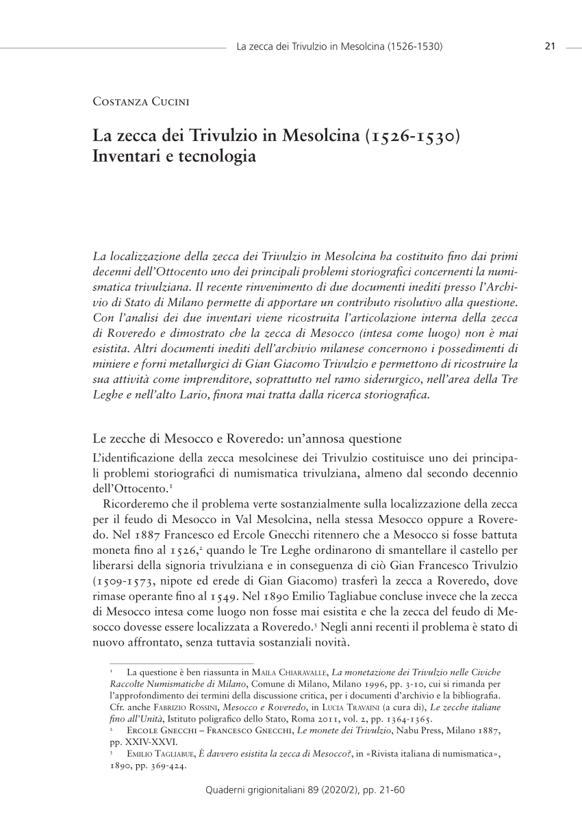 PDF) La zecca dei Trivulzio in Mesolcina (1526-1530). Inventari e tecnologia