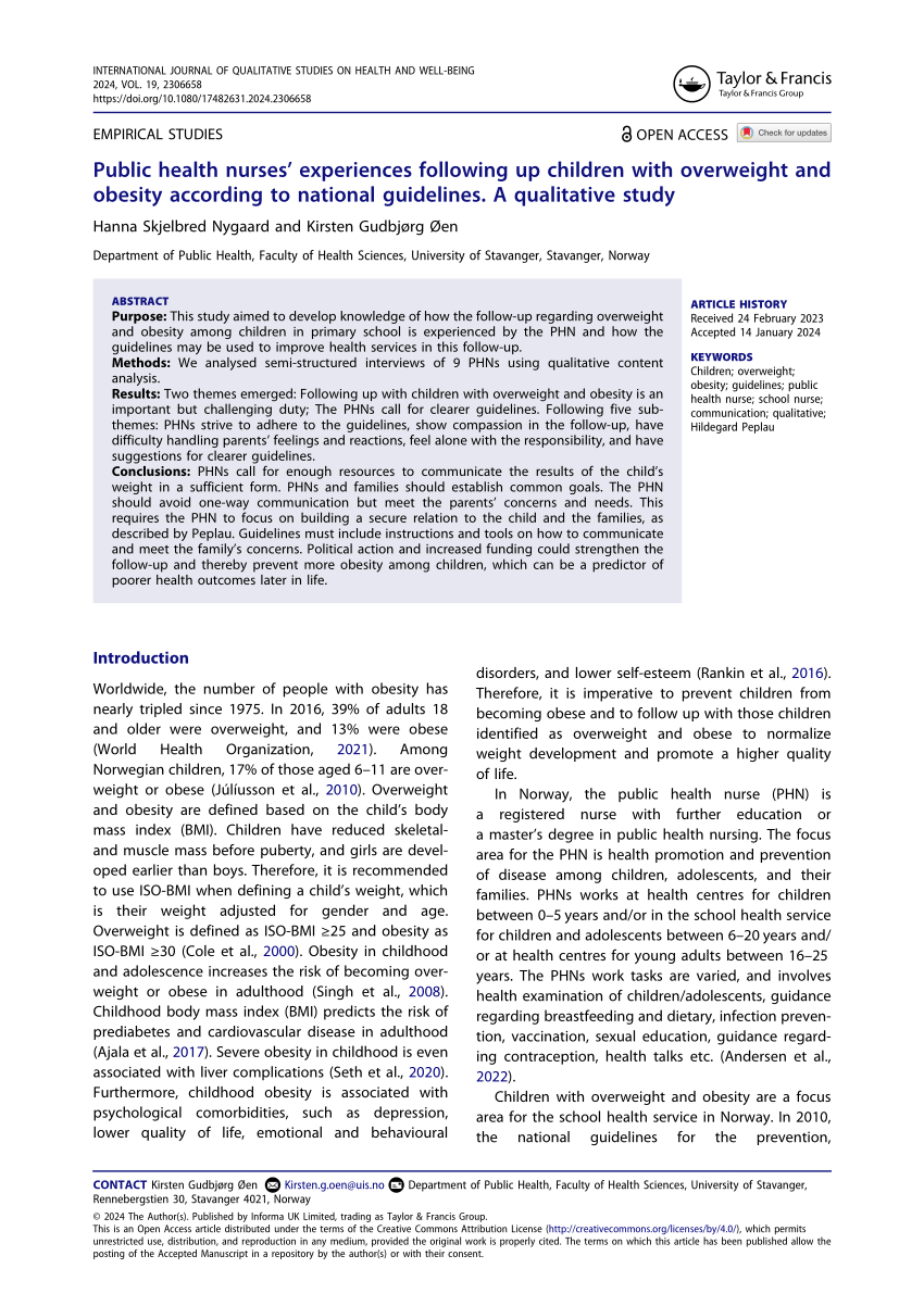 PDF) Public health nurses' experiences following up children with  overweight and obesity according to national guidelines. A qualitative study