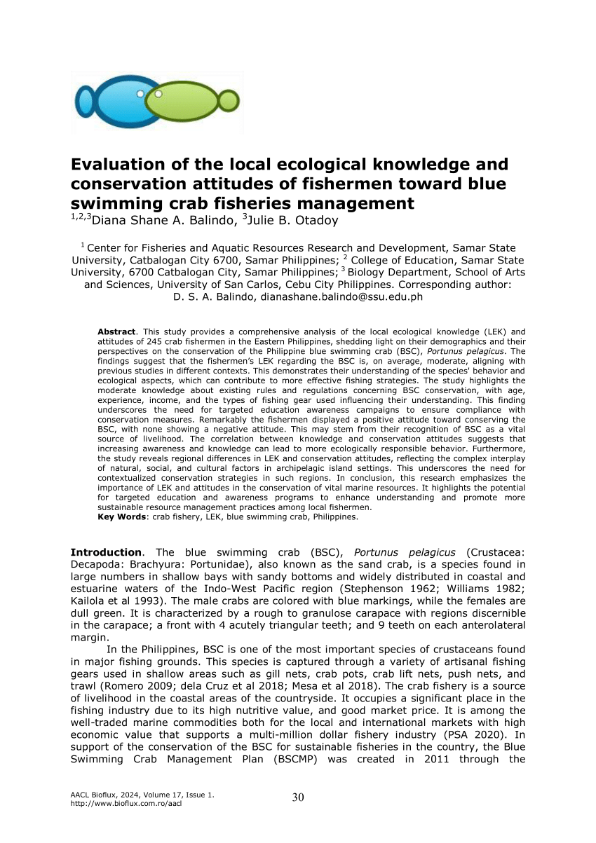 PDF) Evaluation of the local ecological knowledge and conservation  attitudes of fishermen toward blue swimming crab fisheries management
