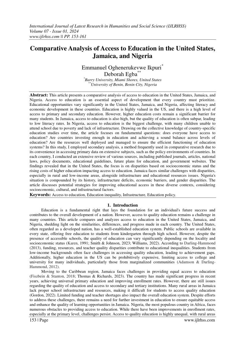 (PDF) Comparative Analysis of Access to Education in the United States, Jamaica, and Nigeria