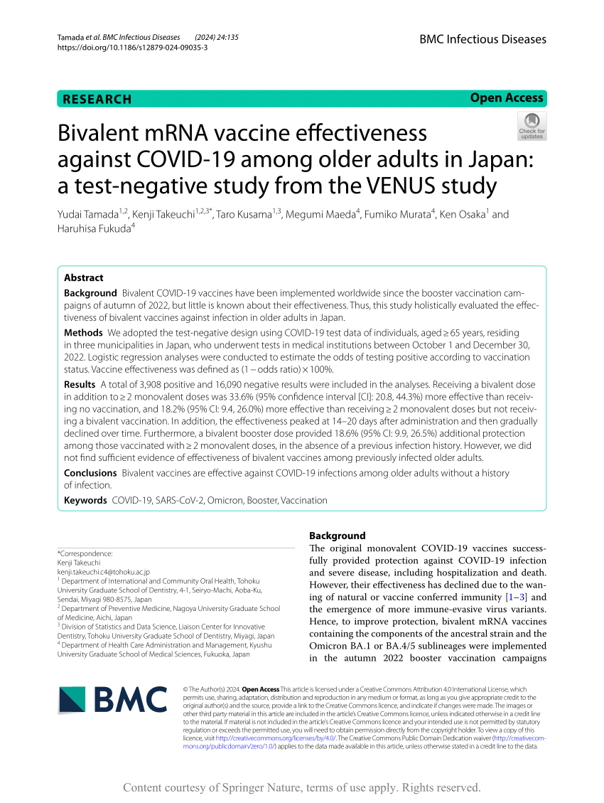 PDF) Bivalent mRNA vaccine effectiveness against COVID-19 among older  adults in Japan: a test-negative study from the VENUS study