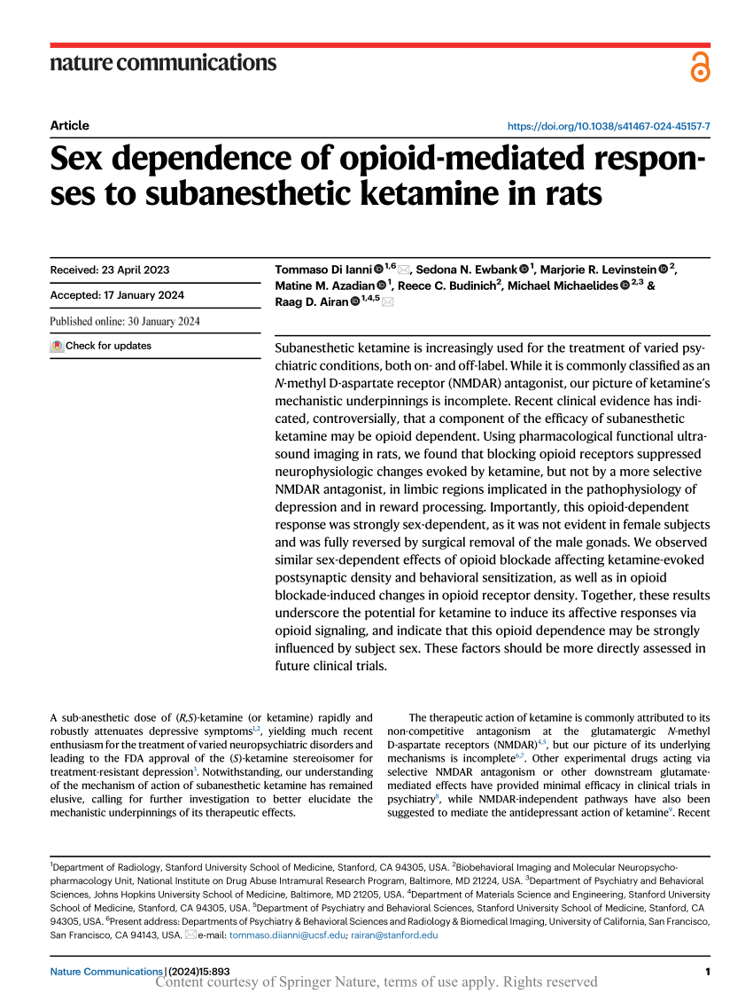 PDF) Sex dependence of opioid-mediated responses to subanesthetic ketamine  in rats