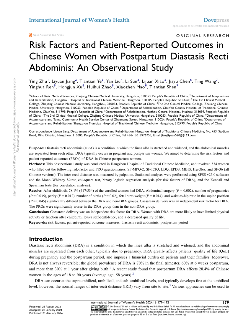 PDF) Risk Factors and Patient-Reported Outcomes in Chinese Women with  Postpartum Diastasis Recti Abdominis: An Observational Study
