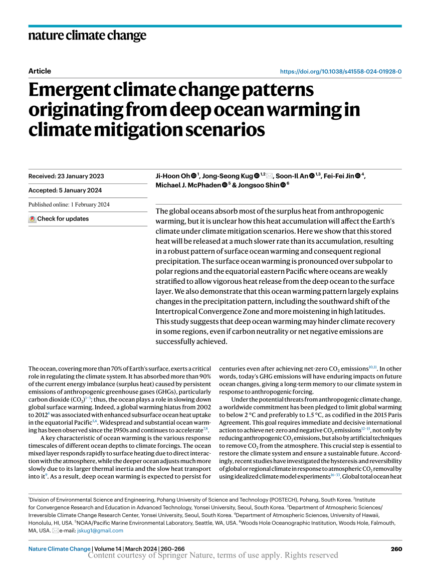 Emergent climate change patterns originating from deep ocean warming in  climate mitigation scenarios | Request PDF