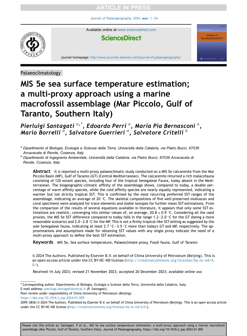 PDF) MIS 5e Sea Surface Temperature estimation; a multi-proxy approach  using a marine macrofossil assemblage (Mar Piccolo, Gulf of Taranto,  Southern Italy)