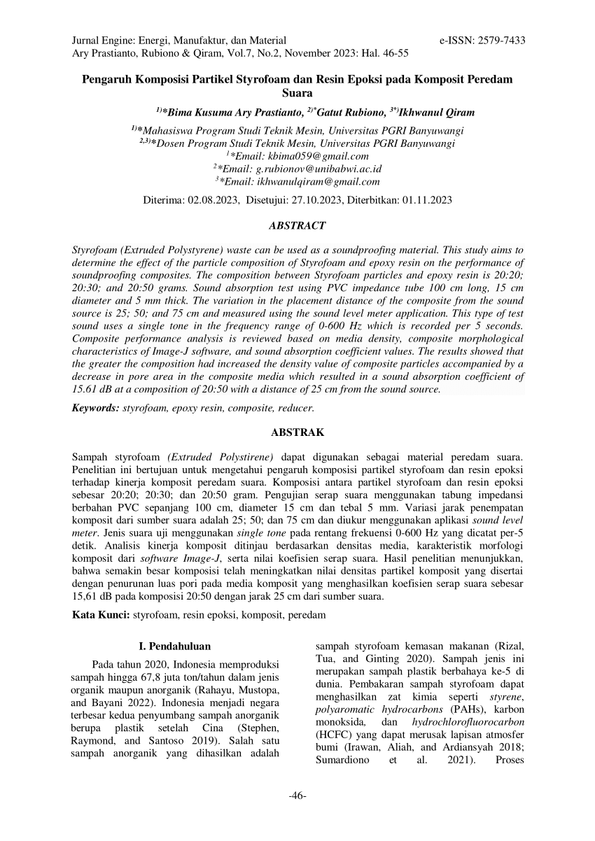 Pdf Pengaruh Komposisi Partikel Styrofoam Dan Resin Epoksi Pada