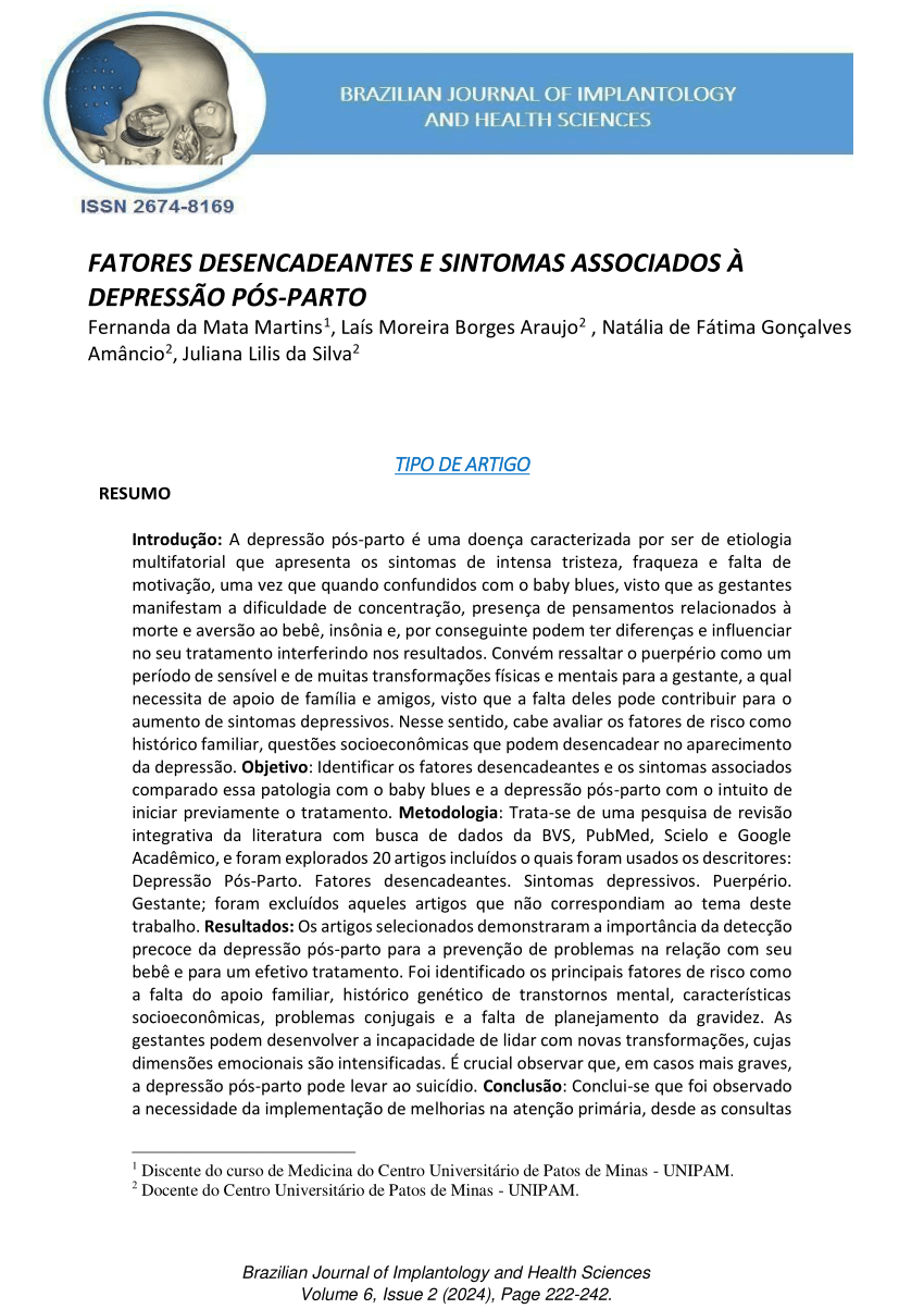 PDF) FATORES DESENCADEANTES E SINTOMAS ASSOCIADOS À DEPRESSÃO PÓS