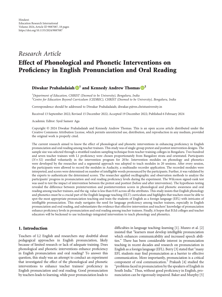 PDF) Effect of Phonological and Phonetic Interventions on Proficiency in  English Pronunciation and Oral Reading