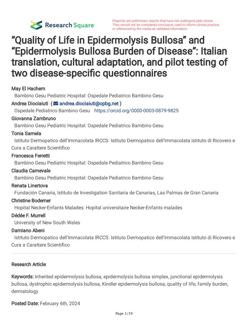 PDF Quality of Life in Epidermolysis Bullosa and Epidermolysis  