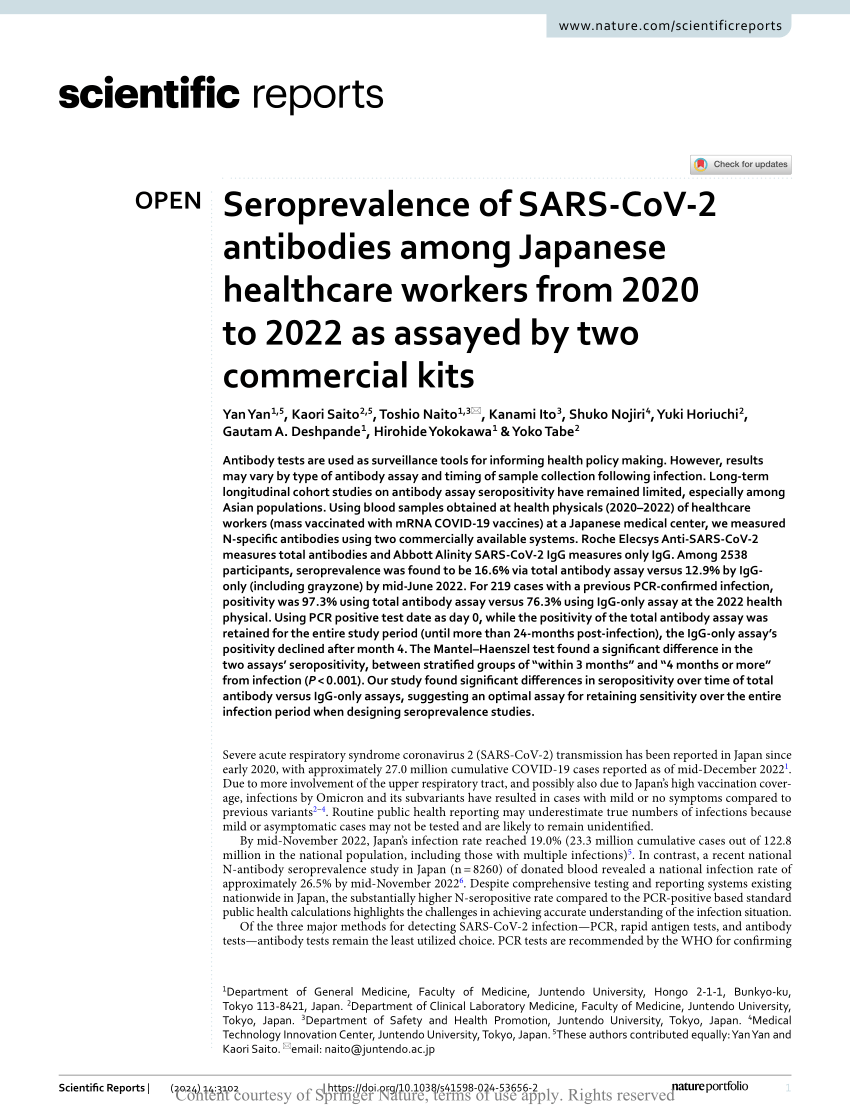 PDF) Seroprevalence of SARS-CoV-2 antibodies among Japanese healthcare  workers from 2020 to 2022 as assayed by two commercial kits