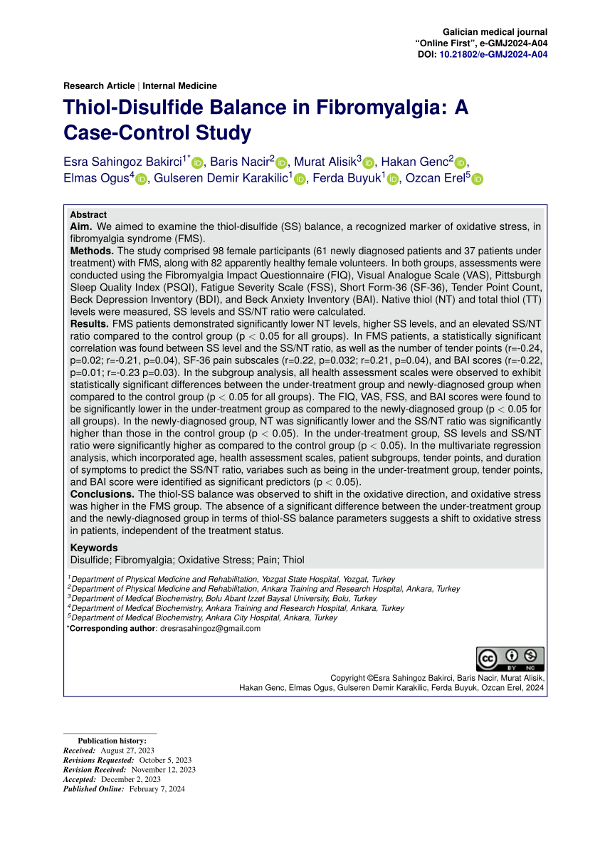 PDF Thiol Disulfide Balance in Fibromyalgia A Case Control Study 