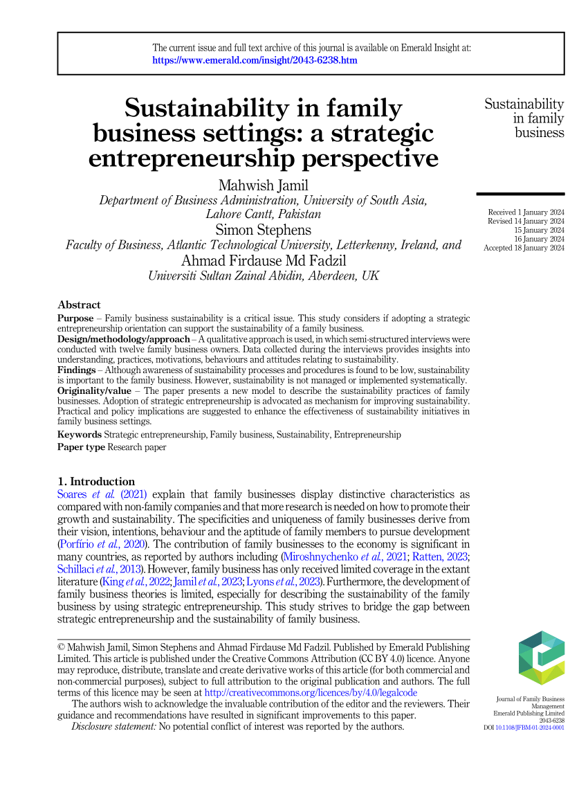 PDF Sustainability in family business settings a strategic  