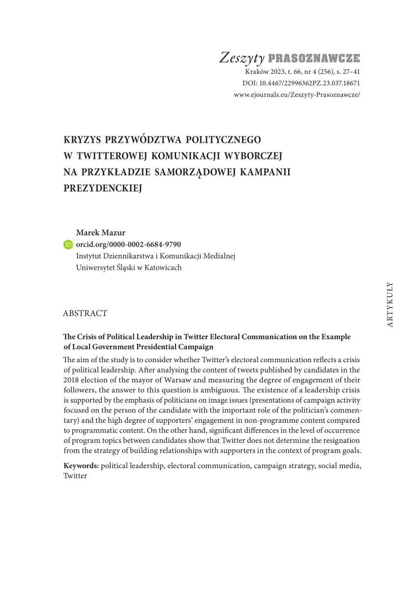 Pdf Kryzys Przywództwa Politycznego W Twitterowej Komunikacji Wyborczej Na Przykładzie 8876