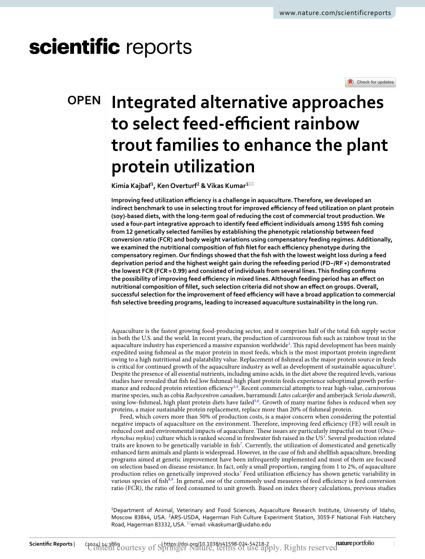 PDF) Integrated alternative approaches to select feed‑efficient rainbow  trout families to enhance the plant protein utilization